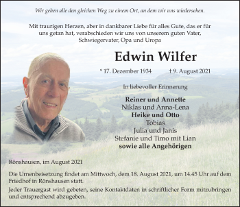 Traueranzeige von Edwin Wilfer von FZ
