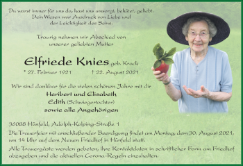 Traueranzeige von Elfriede Knies von FZ