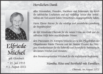 Traueranzeige von Elfriede Michel von FZ