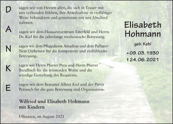 Traueranzeige von Elisabeth Hohmann von FZ