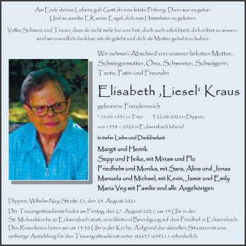 Traueranzeige von Elisabeth Kraus von FZ