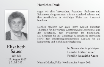 Traueranzeige von Elisabeth Sauer von FZ