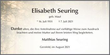 Traueranzeige von Elisabeth Seuring von FZ