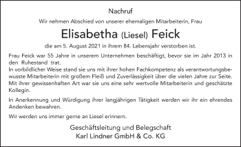 Traueranzeige von Elisabetha Feick von FZ
