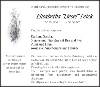 Traueranzeige von Elisabetha Feick von FZ