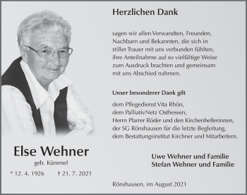Traueranzeige von Else Wehner von FZ