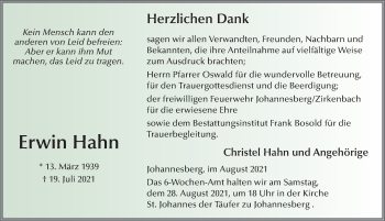 Traueranzeige von Erwin Hahn von FZ