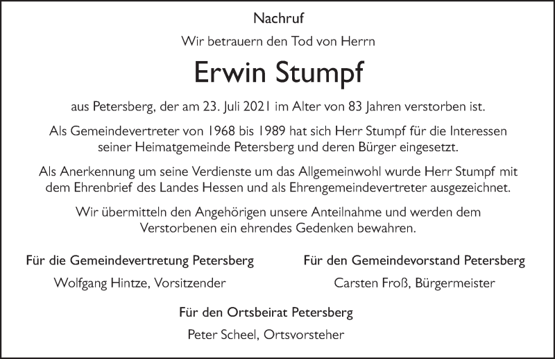  Traueranzeige für Erwin Stumpf vom 12.08.2021 aus FZ