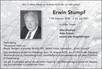 Traueranzeige von Erwin Stumpf von FZ
