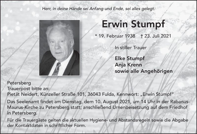  Traueranzeige für Erwin Stumpf vom 06.08.2021 aus FZ