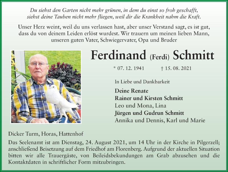  Traueranzeige für Ferdinand Schmitt vom 21.08.2021 aus FZ