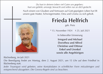 Traueranzeige von Frieda Helfrich von FZ
