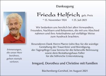 Traueranzeige von Frieda Helfrich von FZ