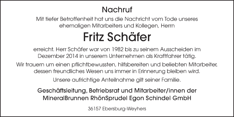  Traueranzeige für Fritz Schäfer vom 05.08.2021 aus FZ