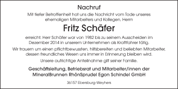 Traueranzeige von Fritz Schäfer von FZ