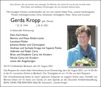 Traueranzeige von Gerda Kropp von FZ
