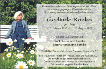 Traueranzeige von Gerlinde Konka von FZ