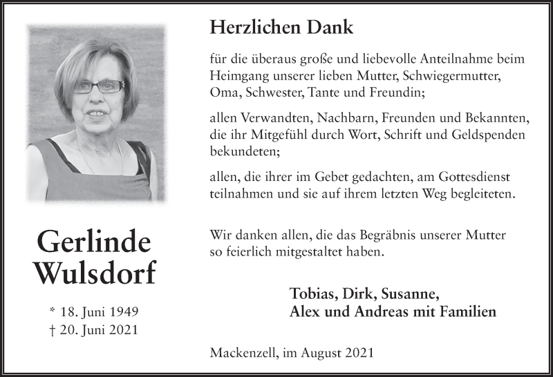  Traueranzeige für Gerlinde Wulsdorf vom 06.08.2021 aus FZ