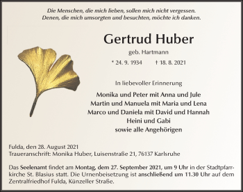 Traueranzeige von Gertrud Huber von FZ