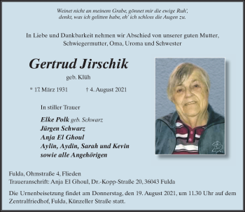 Traueranzeige von Gertrud Jirschik von FZ