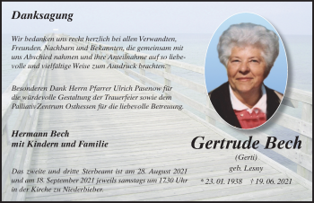 Traueranzeige von Gertrude Bech von FZ