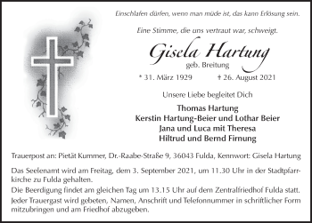 Traueranzeige von Gisela Hartung von FZ