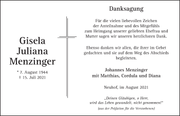 Traueranzeige von Gisela Menzinger von FZ
