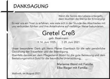 Traueranzeige von Gretel Creß von FZ