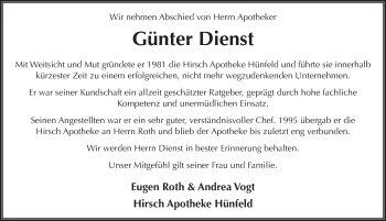 Traueranzeige von Günter Dienst von FZ