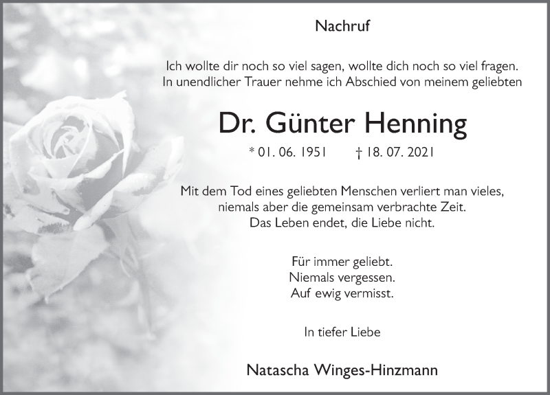  Traueranzeige für Günter Henning vom 28.08.2021 aus FZ