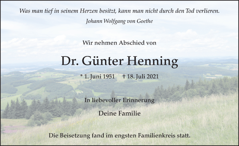  Traueranzeige für Günter Henning vom 10.08.2021 aus FZ