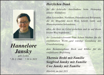 Traueranzeige von Hannelore Jansky von FZ
