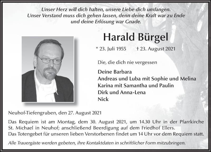  Traueranzeige für Harald Bürgel vom 27.08.2021 aus FZ