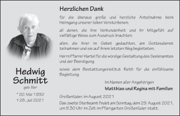 Traueranzeige von Hedwig Schmitt von FZ