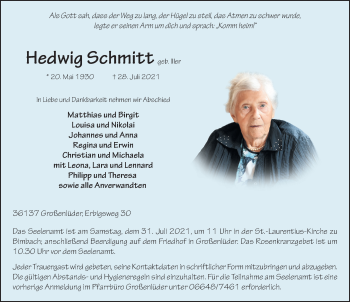 Traueranzeige von Hedwig Schmitt von FZ