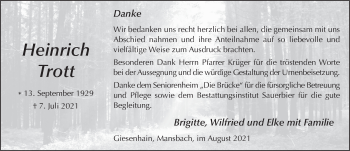 Traueranzeige von Heinrich Trott von FZ