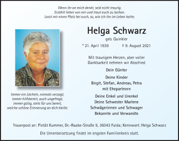Traueranzeige von Helga Schwarz von FZ