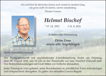 Traueranzeige von Helmut Bischof von FZ