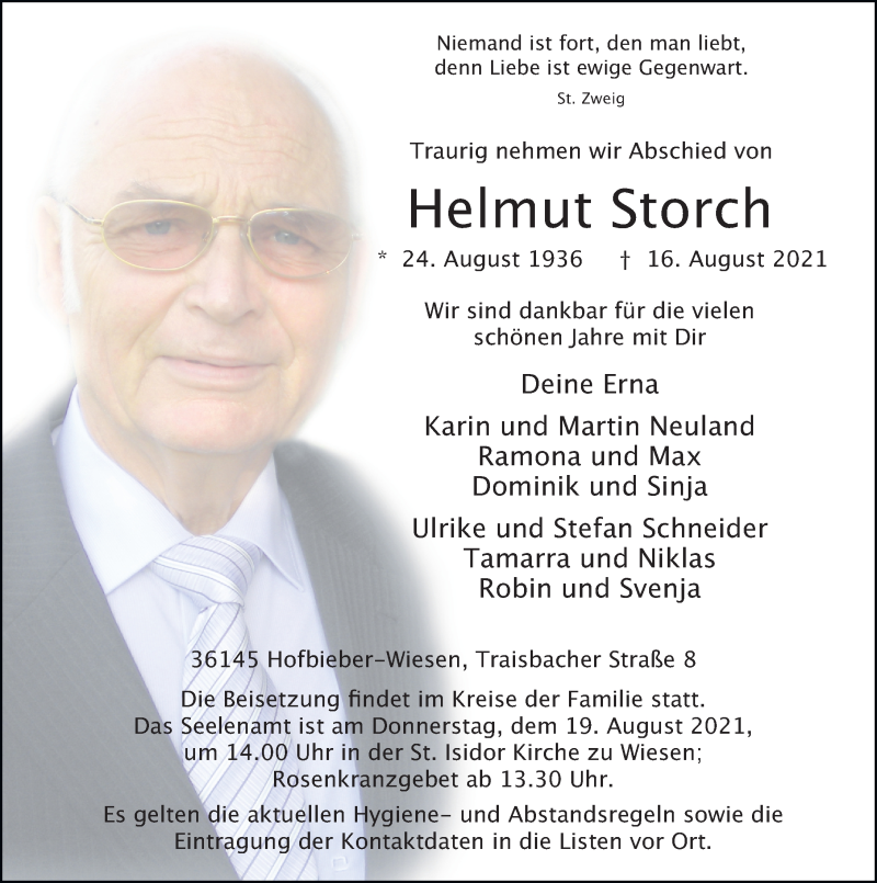  Traueranzeige für Helmut Storch vom 17.08.2021 aus FZ