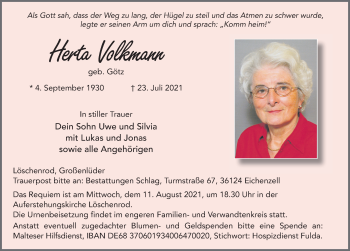 Traueranzeige von Herta Volkmann von FZ