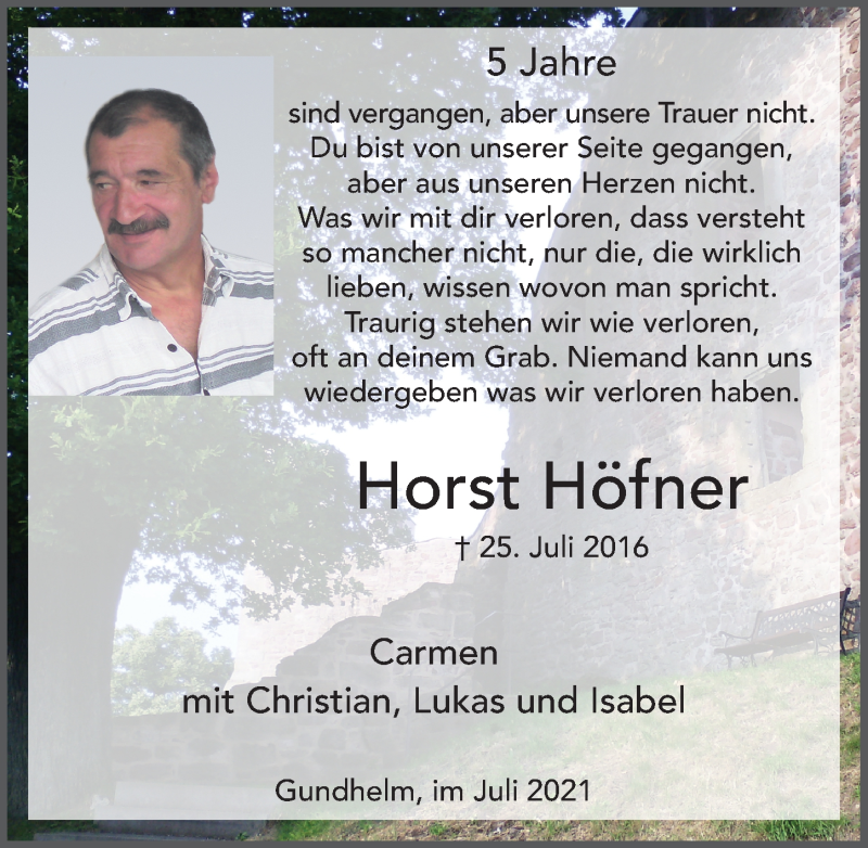  Traueranzeige für Horst Höfner vom 09.08.2021 aus Fuldaer Zeitung