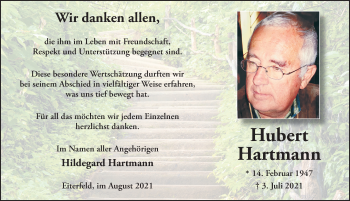 Traueranzeige von Hubert Hartmann von FZ