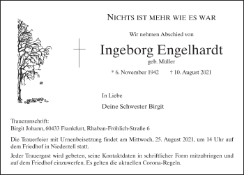 Traueranzeige von Ingeborg Engelhardt von FZ