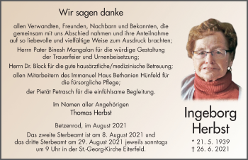 Traueranzeige von Ingeborg Herbst von FZ