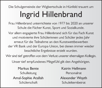 Traueranzeige von Ingrid Hillenbrand von FZ