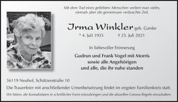 Traueranzeige von Irma Winkler von FZ