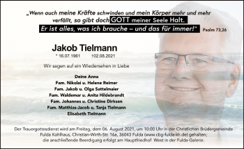 Traueranzeige von Jakob Tielmann von FZ