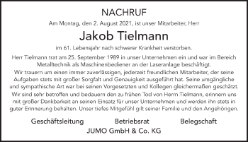 Traueranzeige von Jakob Tielmann von FZ