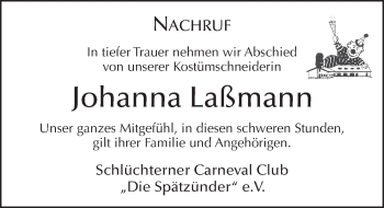 Traueranzeige von Johanna Laßmann von FZ