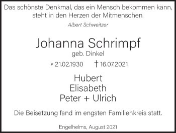 Traueranzeige von Johanna Schrimpf von FZ